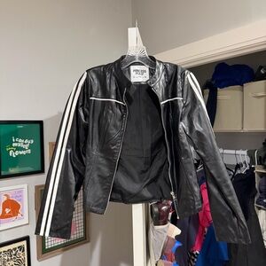 Princess Polly Black Faux Leather Jacket with White Accents